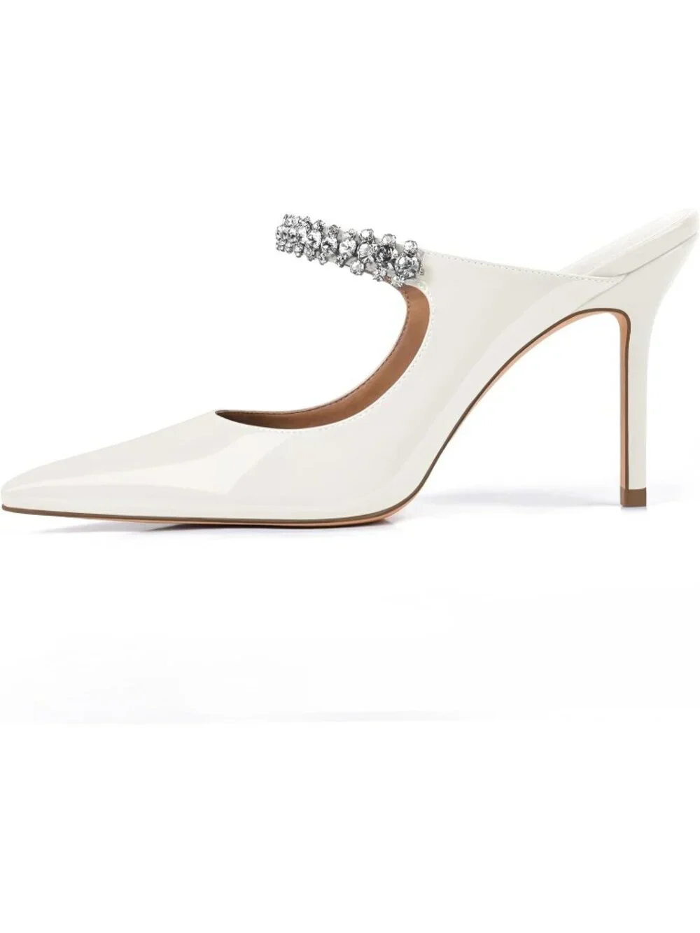 Women's White Rhinestone Heels Pointed Toe Slip On 4